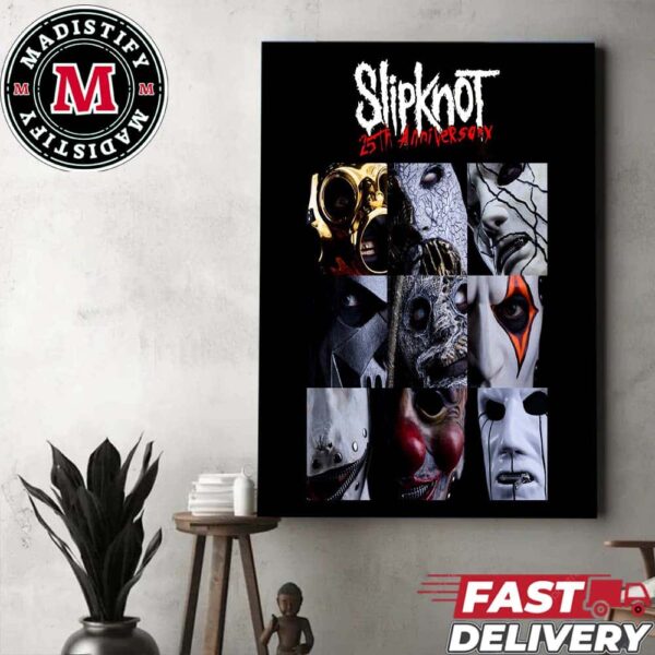 An Exclusive Look At The New 25th Anniversary Reveal Sick New Masks And Coveralls With All Band Members Slipknot Home Decor Poster Canvas