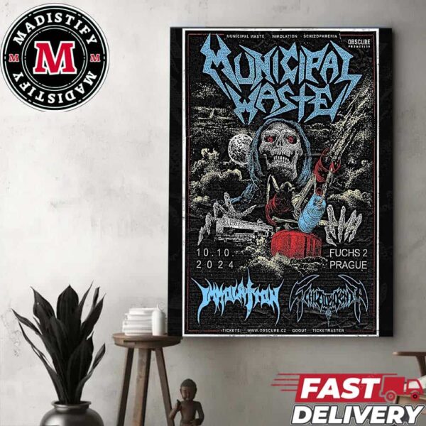 Official Bands Municipal Waste And Immolation And Schizophrenia Joining In Prague On October 2024 Home Decor Poster Canvas