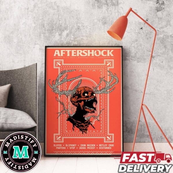 Aftershock Poster Contest October 10-13 2024 Discovery Park Sacramento CA Line Up Slayer x Slipknot x Iron Maiden Motley Crue x Pantera x 5 Finger Death Punch Poster Canvas