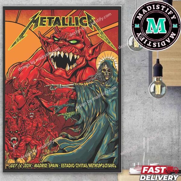 Metallica Madrid Night 2 Of 2 Limited Poster Of Puis Calzada M72 World Tour No Repeat Weekend July 14 2024 Madrid Spain Estadio Civitas Metropolitano Home Decor Poster Canvas