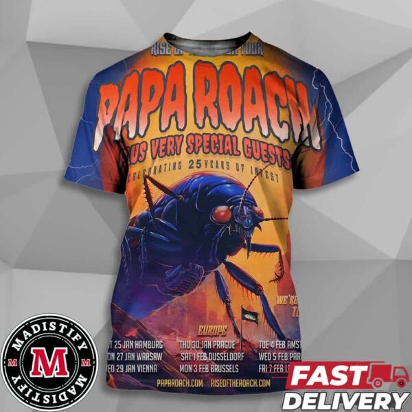 Papa Roach Rise Of The Roach Tour 2024 Celebrating 25 Years Of Infest Schedule List Date Unisex All Over Print T-Shirt