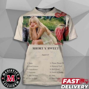 Sabrina Carpenter Short N’ Sweet Official Album Release August 23rd 2024 Full Track List Unisex All Over Print Tee Shirt