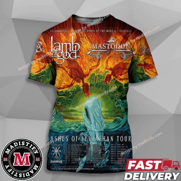 Ashes Of Leviathan Tour 2024 With Lamb Of God And Mastodon Poster Celebrating 20 Years Of Ashes Of The Wake And Leviathan Schedule List Unisex All Over Print Shirt