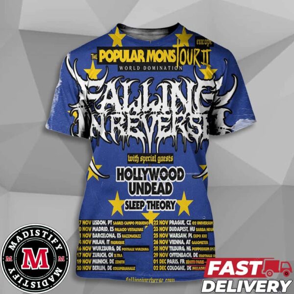 Falling In Reverse The Popular Mons Europe Tour II World Domination 2024 With Hollywood Undead Schedule List Unisex All Over Print T-Shirt