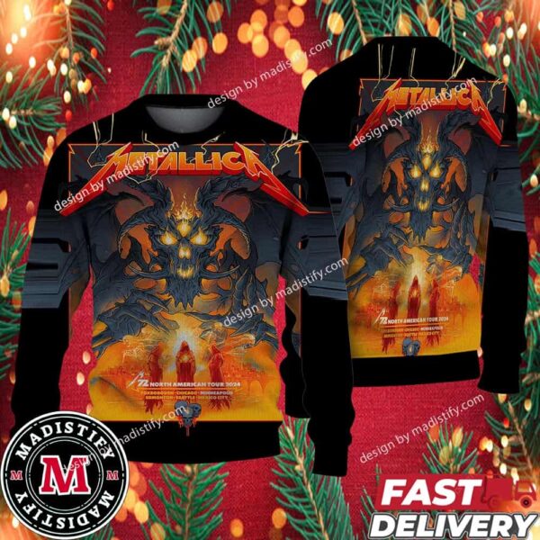 Metallica North American Tour 2024  Exclusive Pop-Up Shop Merch Poster For M72 Minneapolis MN US August 15th Skull Fire Dragon Metallica Christmas Ugly Sweater