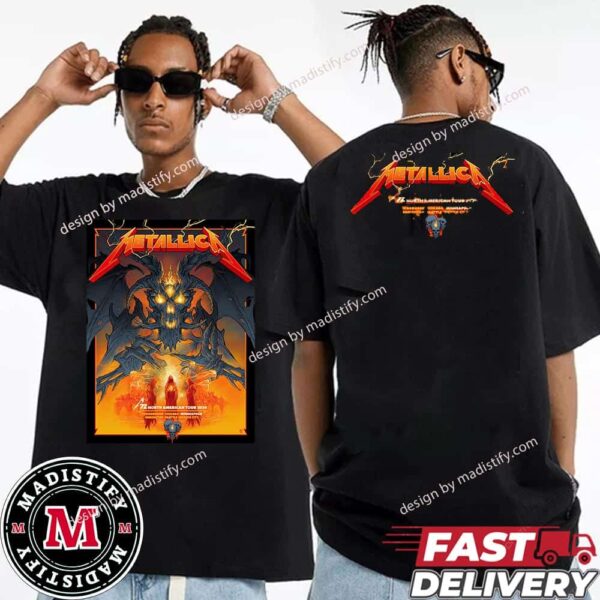 Metallica North American Tour 2024  Exclusive Pop-Up Shop Merch Poster For M72 Minneapolis MN US August 15th Skull Fire Dragon Unisex Two Sided T-Shirt