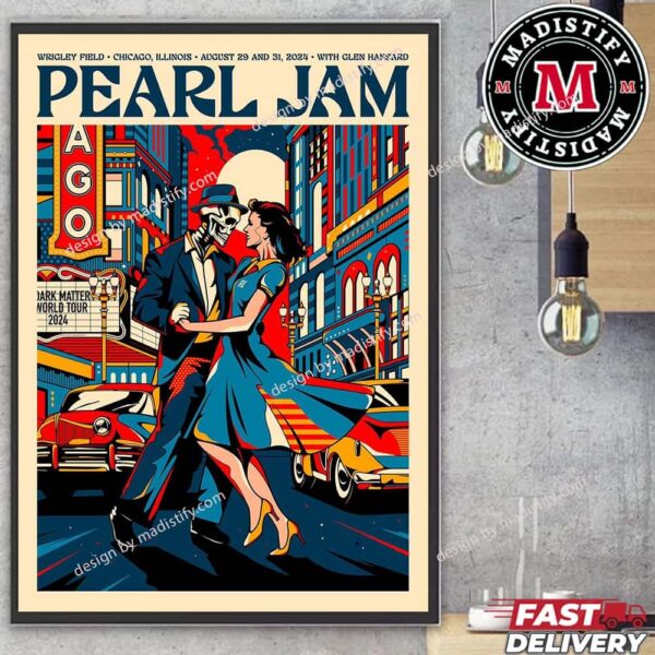 Official Pearl Jam Poster For The Show In Chicago at Wrigley Field Stadium On August 29th And 31st 2024 With Glen Hansard Art By Van Orton Home Decor Poster Canvas