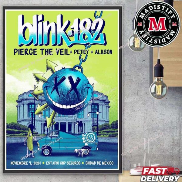 Blink 182 Show In Mexico With Pierce The Veil x Petey x Allison Official Poster On November 4th 2024 At Estadio GNP Seguros Home Decor Poster Canvas