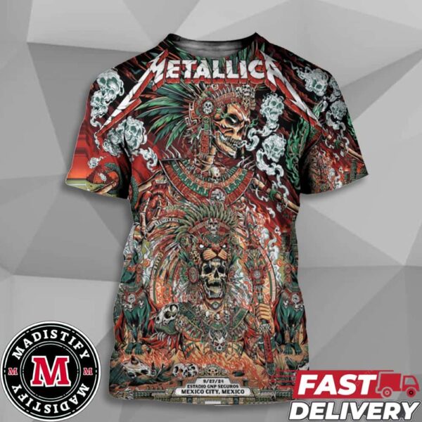 Metallica M72 CDMX Mexico City Night 3 Official Poster At Estadio GNP Seguros On September 27th 2024 Aztec Warriors Artwork By Juan Ma Orozco All Over Print T-Shirt