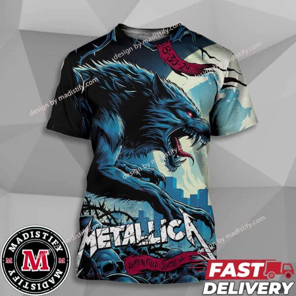 Metallica M72 Seattle WA Night 1 Merch Poster At Lumen Field On August 30th 2024 M72 North American Tour Final US No Repeat Weekend Art By The Wolf All Over Print T-Shirt