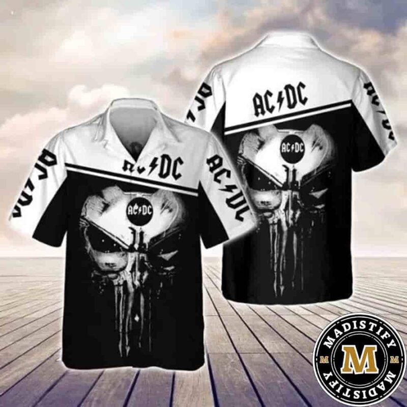 AC DC Skull Strike Monochrome Merch 2025 Hawaiian Shirt And Beach Short ...